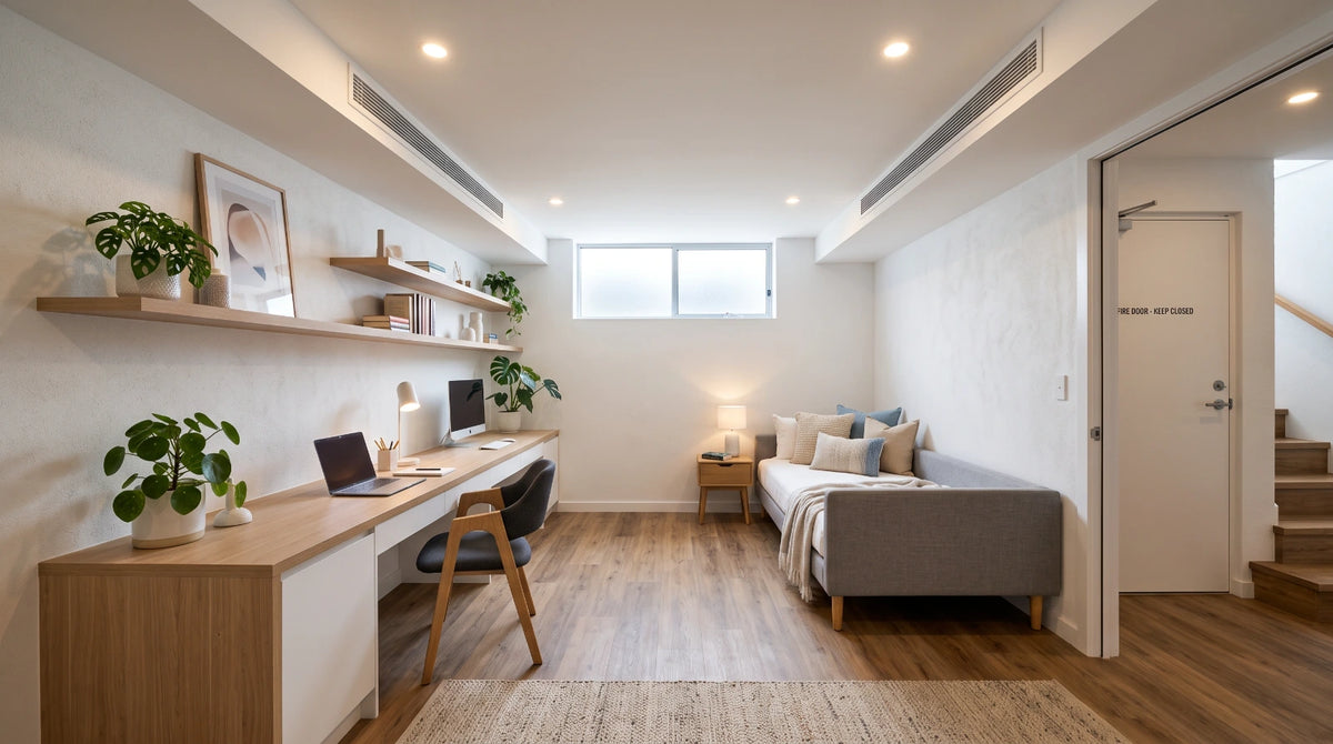 modern basement home office bedroom