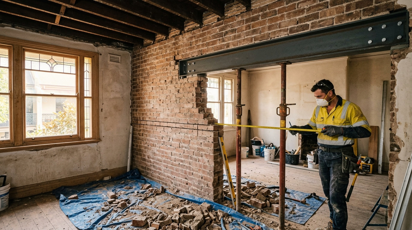 worker measuring brick wall