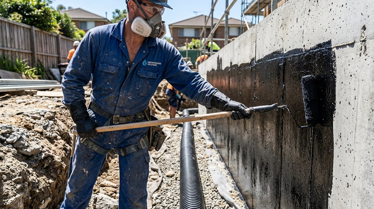 worker waterproofing concrete