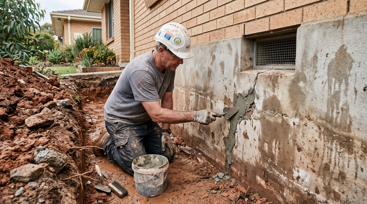 worker sealing foundation crack